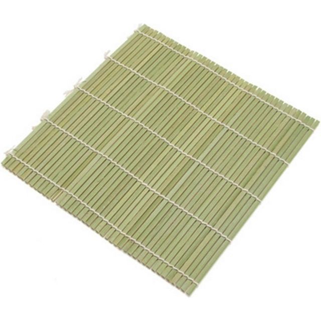 Square bamboo rolling mat of thin pale slats tied with white cotton string, lying flat
