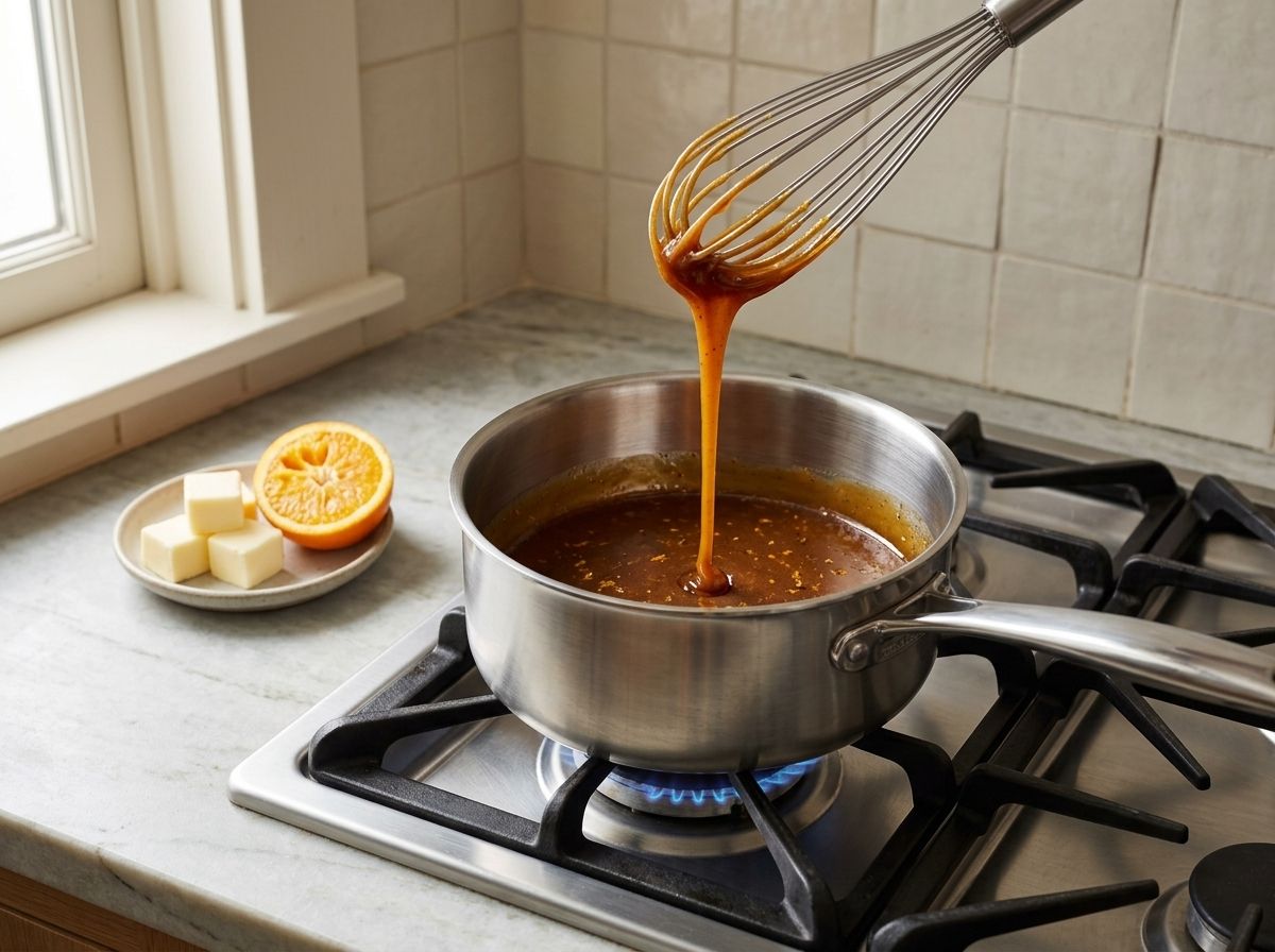 Thick amber cobbler syrup ribboning off a whisk in a stainless saucepan