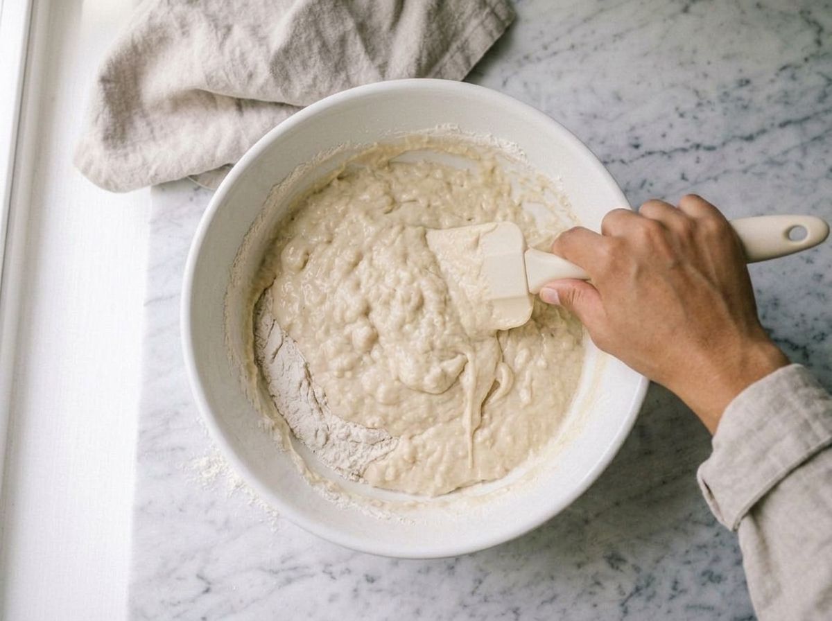 Thick lumpy pancake batter being folded with a spatula, streaks of dry flour still showing at the edge