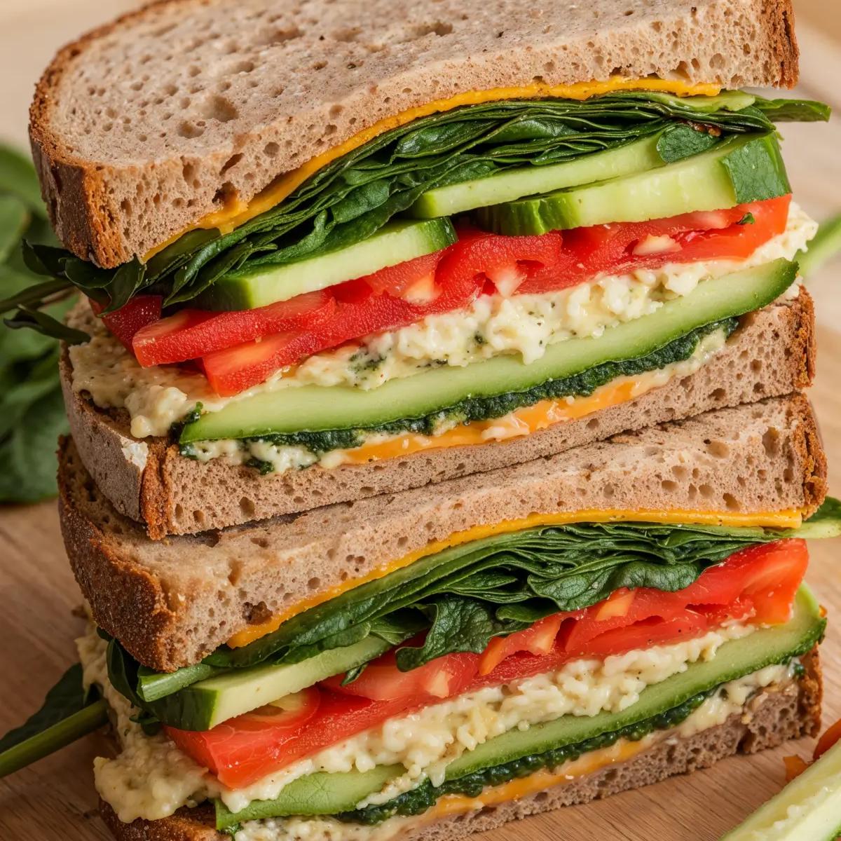Vegetarian sandwich with mashed avocado, sliced tomato, cucumber, and red onion.