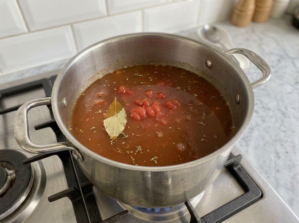 Broth, canned tomatoes, thyme and a bay leaf added to the pot and brought to a bare simmer.