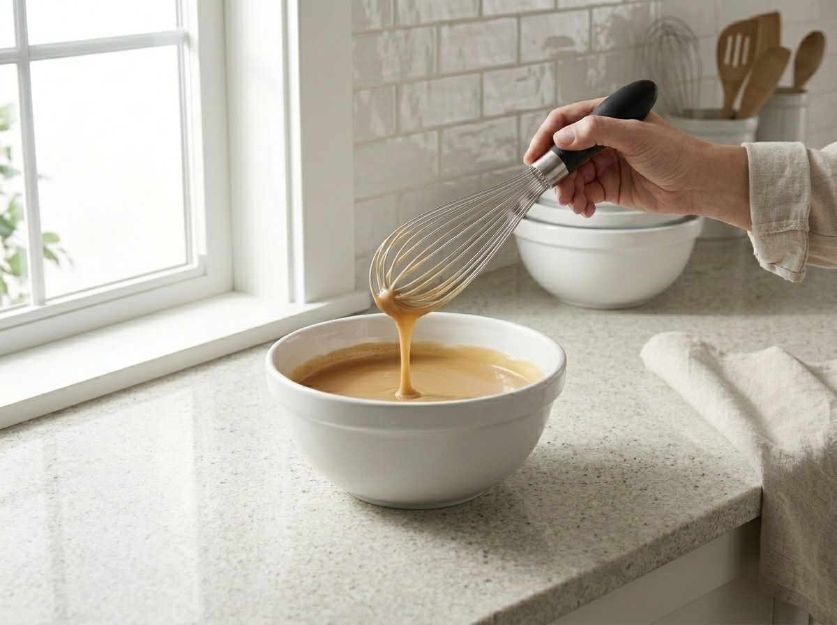 A hand lifting the whisk from the wet mixture, which runs off in a smooth ribbon with no lumps