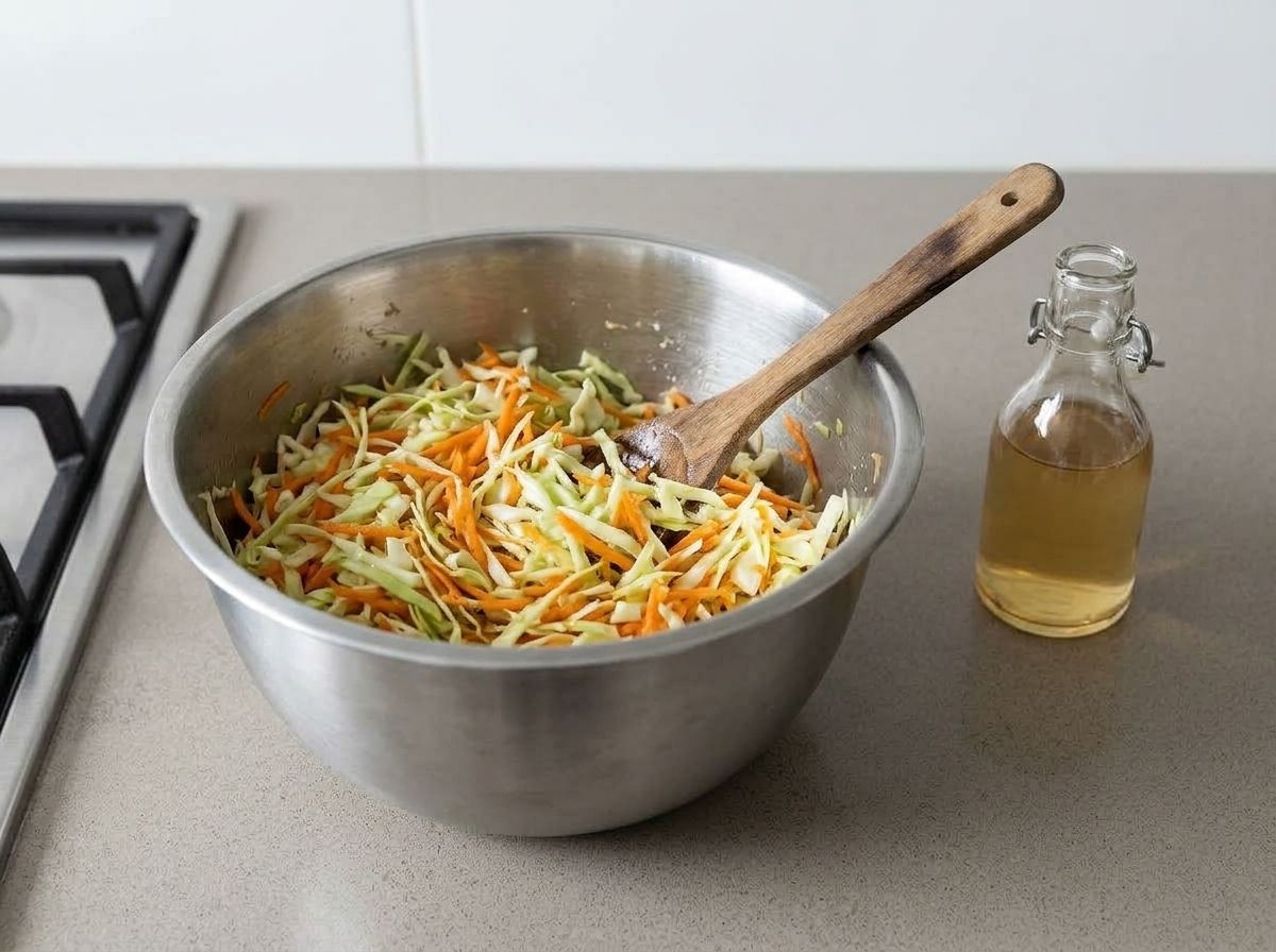 Shredded green cabbage and grated carrot tossed with vinegar in a mixing bowl for the slaw