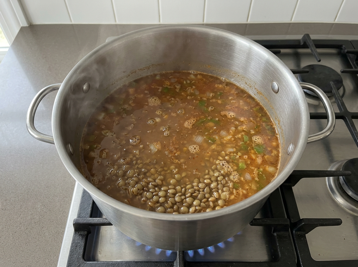 Brown lentils simmering in spiced vegetable broth, before any tomatoes go in