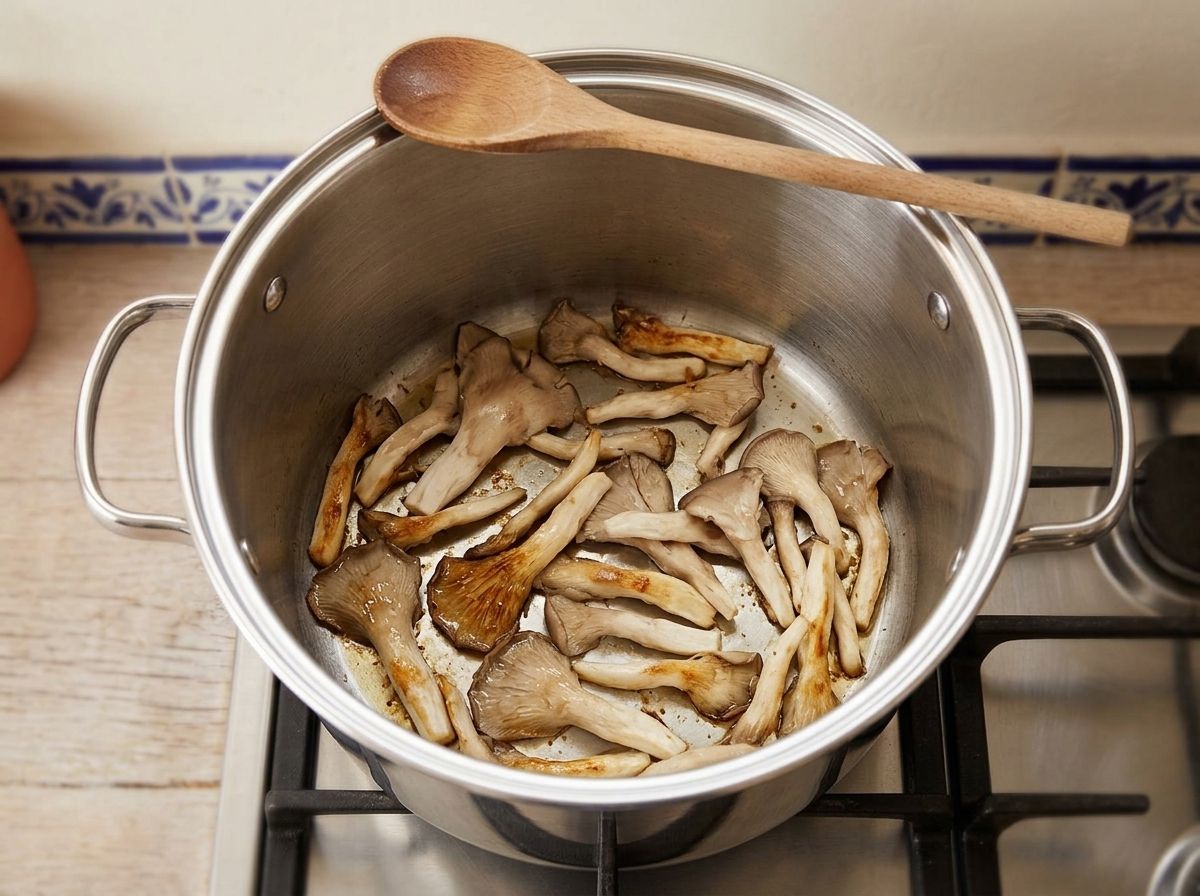 Torn oyster mushrooms browning in a single layer in a stainless steel stockpot
