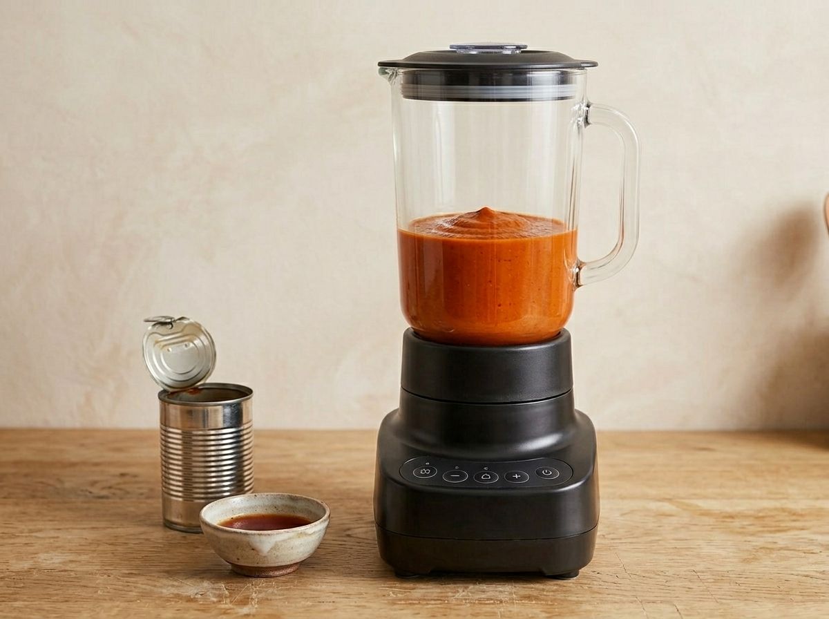 Softened chiles and tomatoes blended to a smooth brick-orange purée in a blender jug