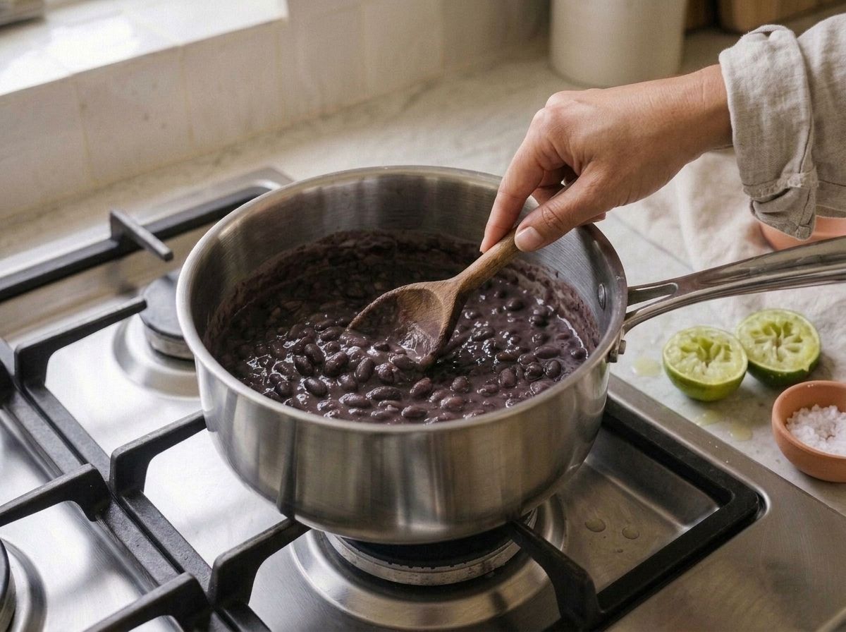 A hand stirring lime juice and salt through the mashed black beans with the pan off the heat