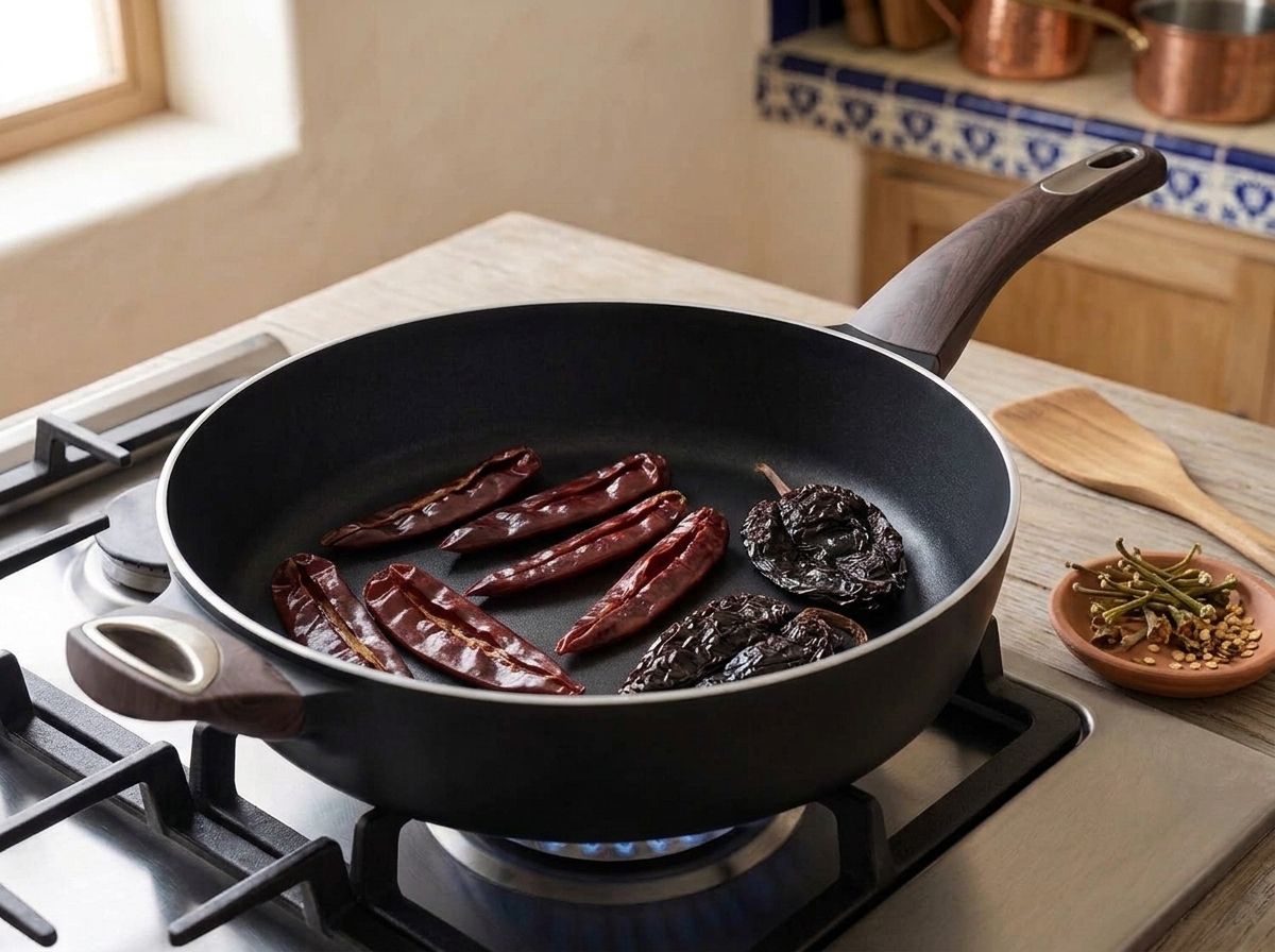 Guajillo and ancho chiles torn open and toasting flat in a dry black skillet on a gas hob