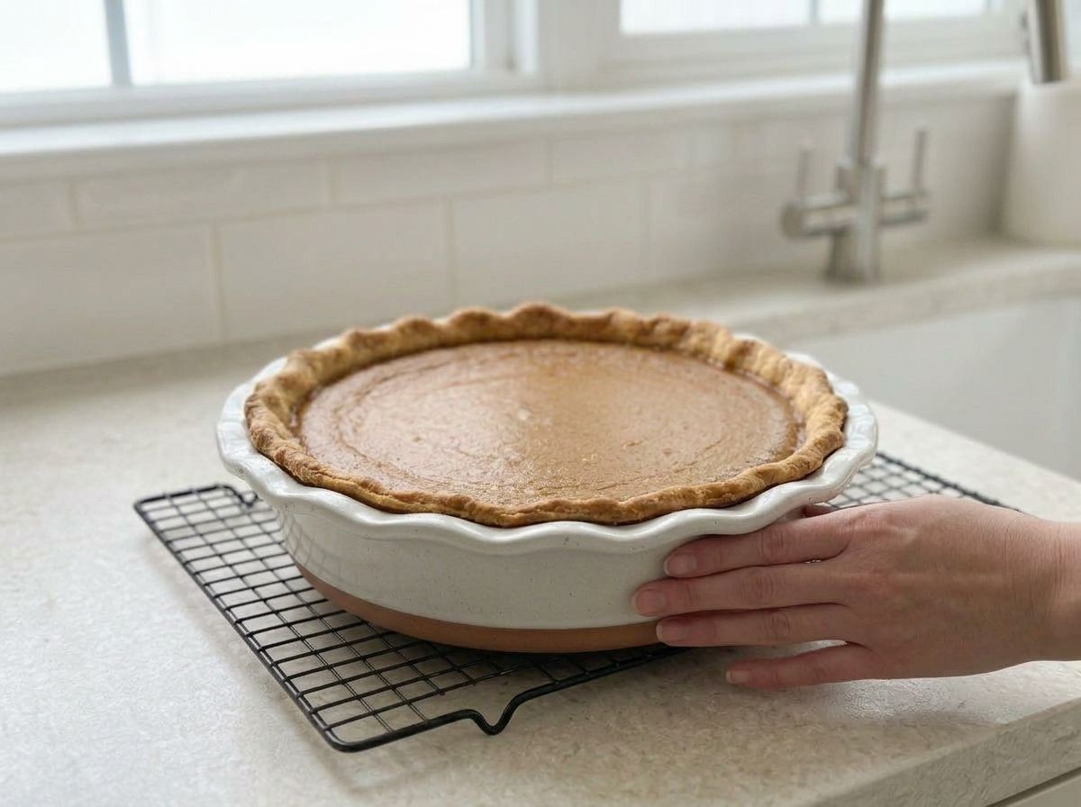 The baked pie cooling on a wire rack, the dish tested by hand until it is no longer warm