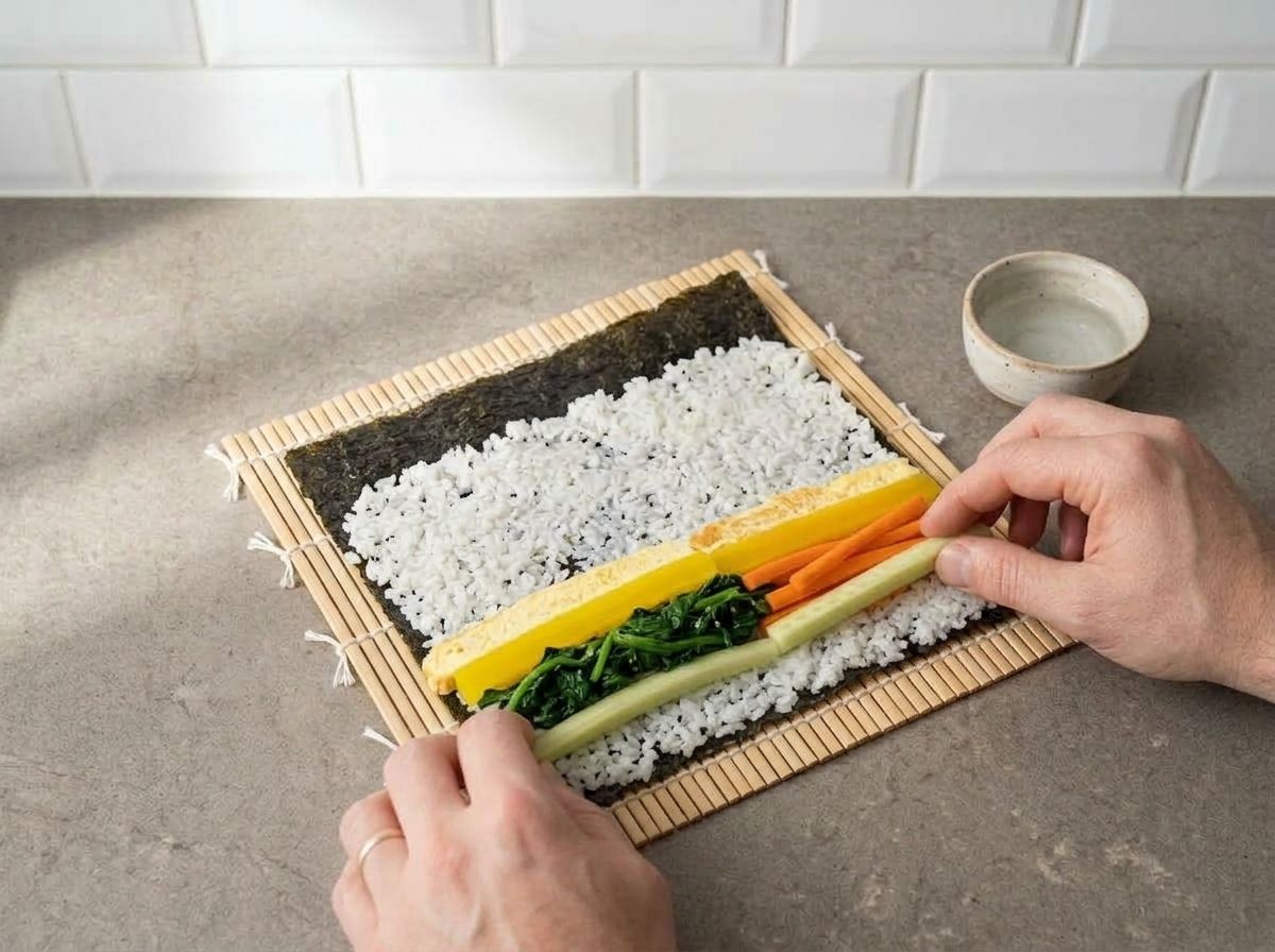 Egg, pickled radish, spinach, carrot and cucumber laid side by side across the rice a third of the way up the sheet.