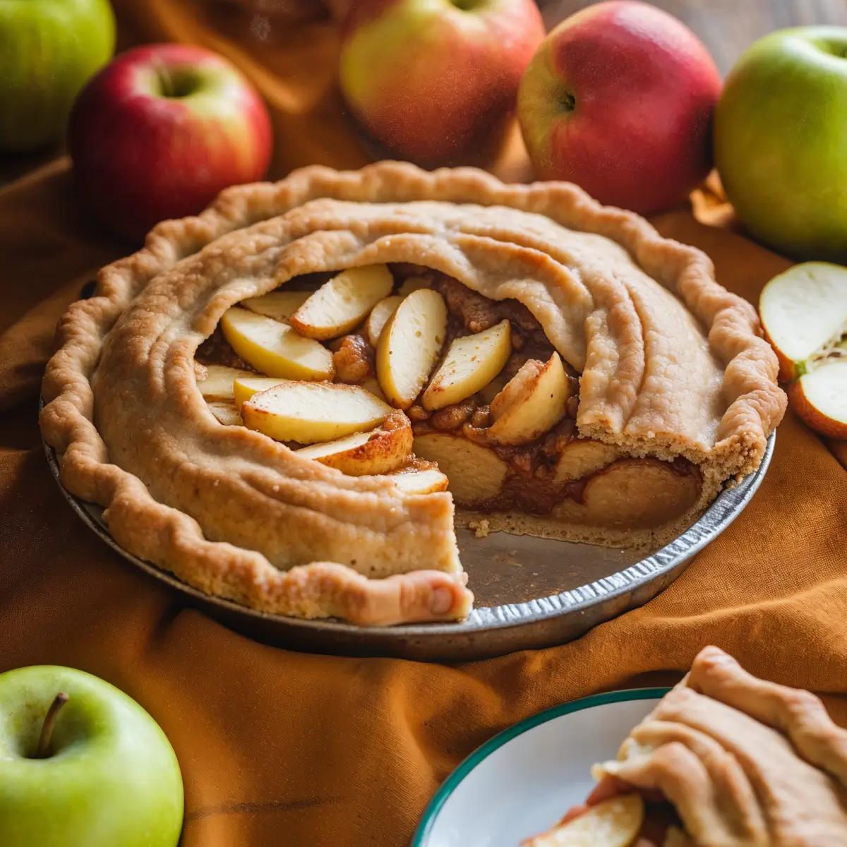 A golden-brown vegan apple pie with spiced apple filling, served with a slice on a plate, surrounded by fresh apples.