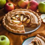 A golden-brown vegan apple pie with spiced apple filling, served with a slice on a plate, surrounded by fresh apples.