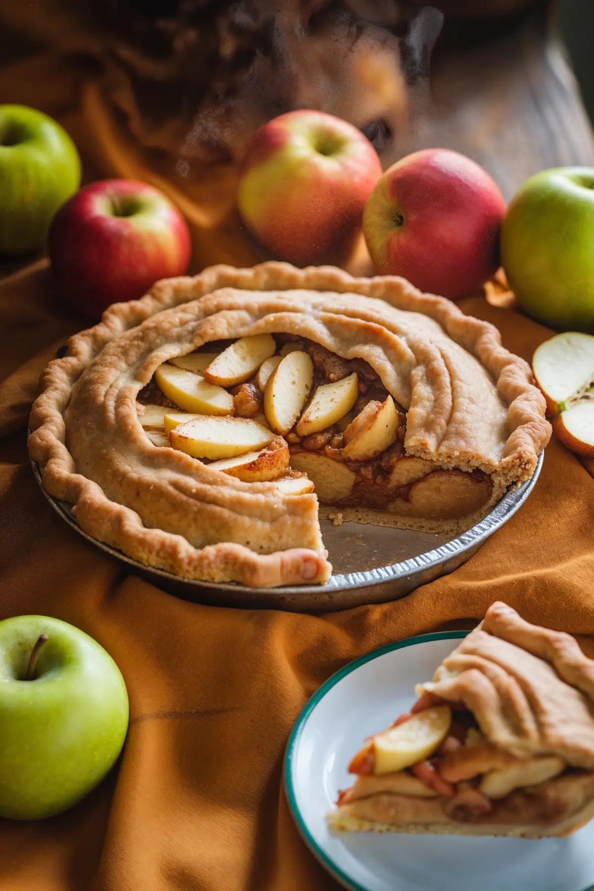 A golden-brown vegan apple pie with spiced apple filling, served with a slice on a plate, surrounded by fresh apples.