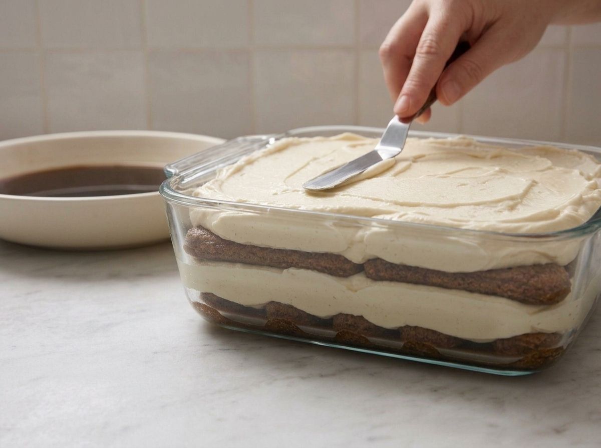 Cream spread over the second layer of coffee-soaked ladyfingers, four layers showing through the glass