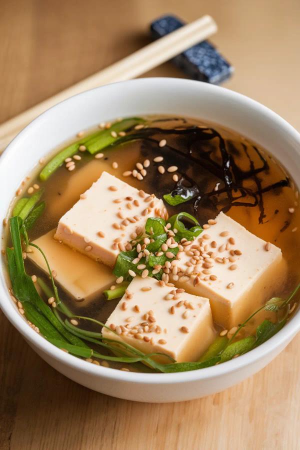 A bowl of vegan miso soup with tofu, green onions, and seaweed, garnished with sesame seeds on a wooden table.
