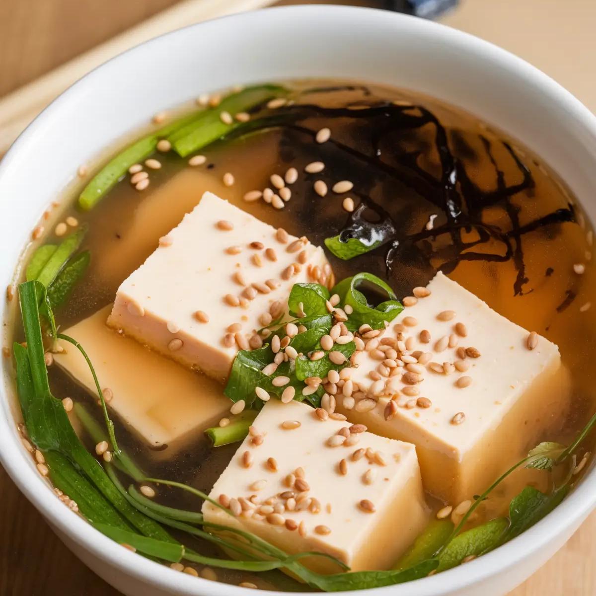 A bowl of vegan miso soup with tofu, green onions, and seaweed, garnished with sesame seeds on a wooden table.
