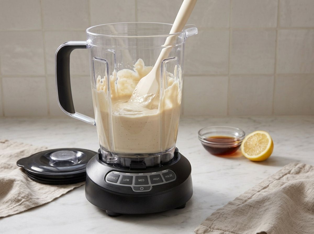 Cashews and coconut cream blended to a thick pale ivory cream, a spatula scraping the blender pitcher