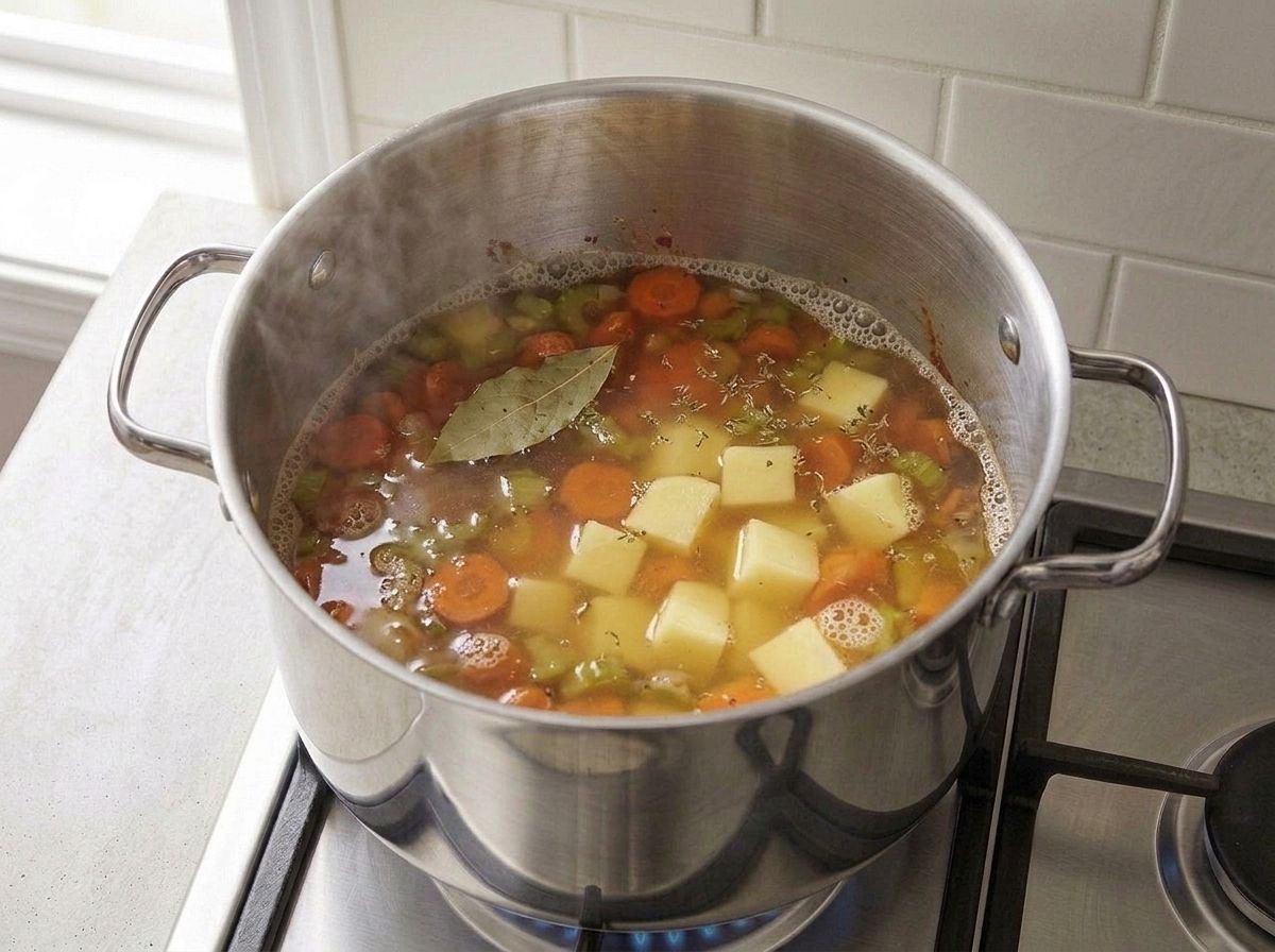 Vegetable broth, diced potato, thyme and a bay leaf added to the pot and coming up to a boil