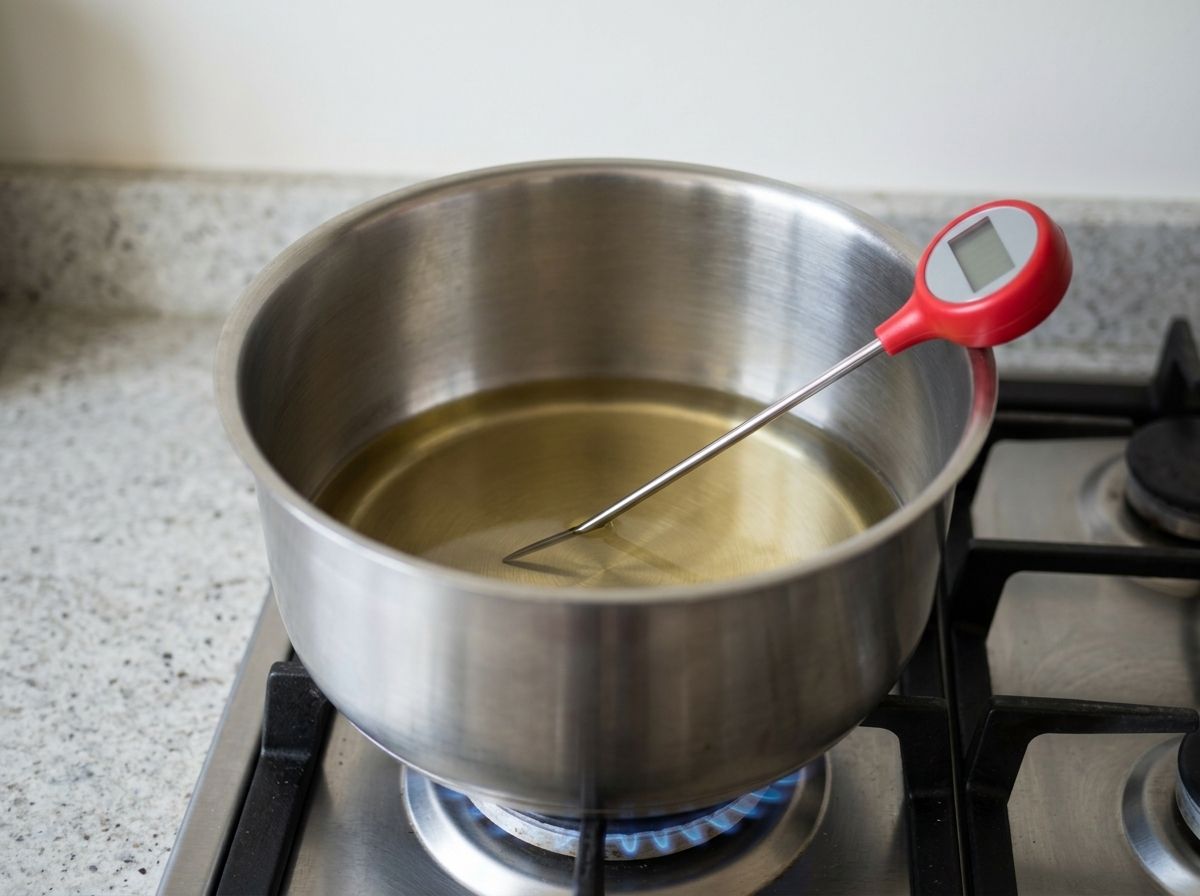 Frying oil heating in a deep stainless steel pot, a digital pen thermometer probing the oil.