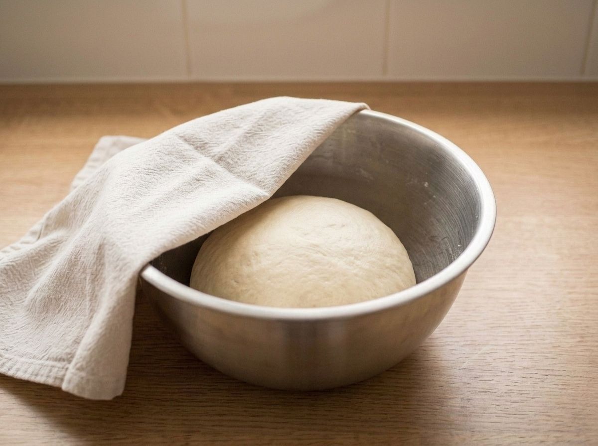 The gathered dough resting under a cotton towel so the milk powder can finish absorbing the liquid
