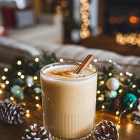 Ultra-creamy vegan eggnog in a glass with cinnamon stick garnish.