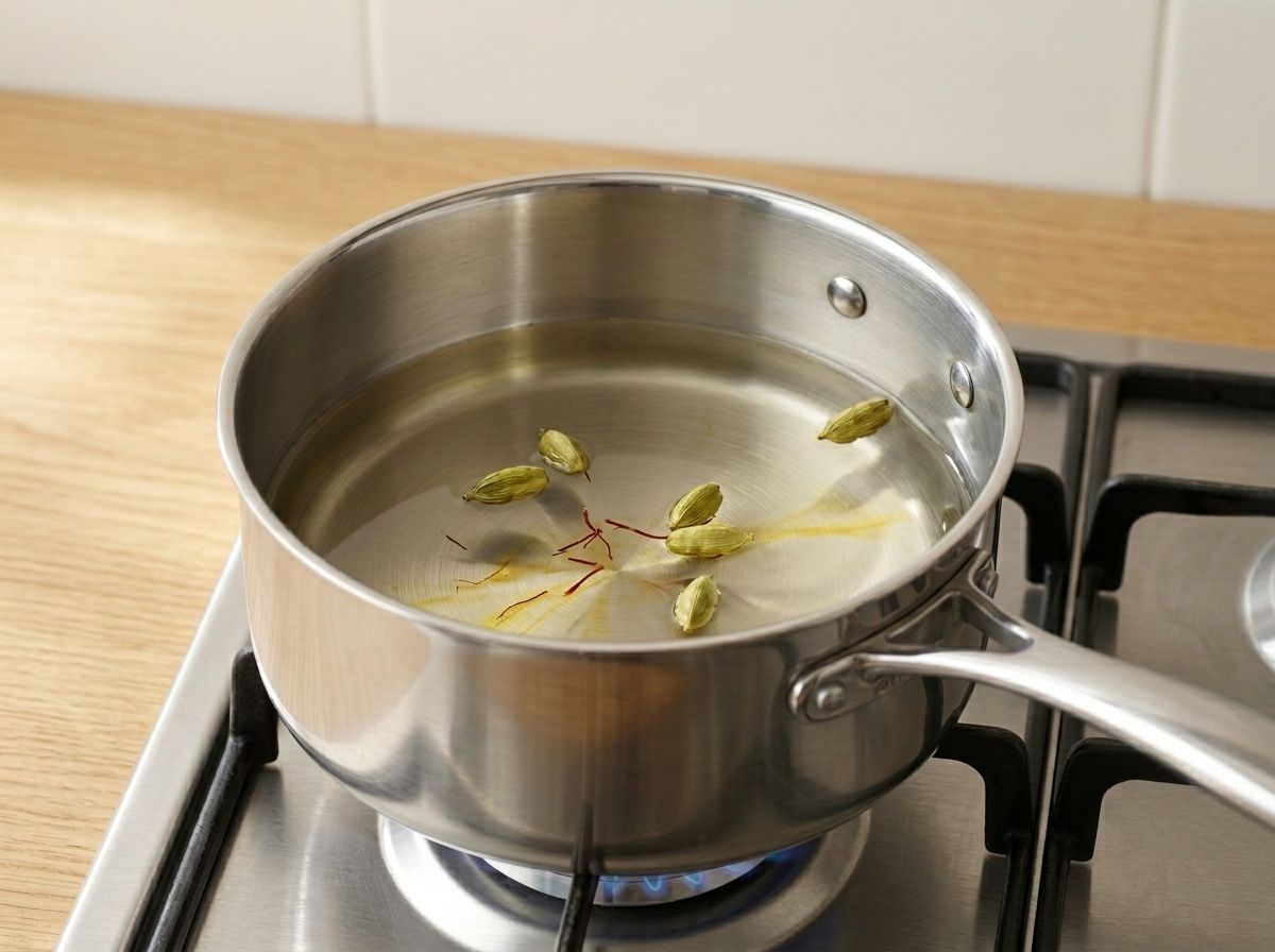 Thin cardamom syrup simmering in a stainless steel saucepan with saffron threads dissolving into it
