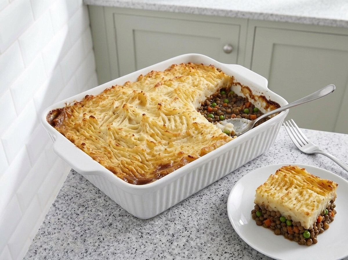 The baked cottage pie with golden forked ridges, one square portion lifted onto a plate