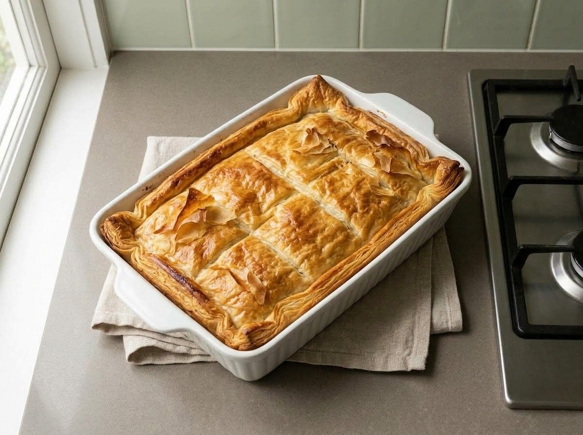 Spanakopita baked deep golden and crisp in the dish, fresh from the oven