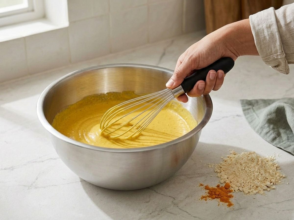 A hand whisking chickpea flour batter smooth to a pouring-cream consistency in a steel mixing bowl