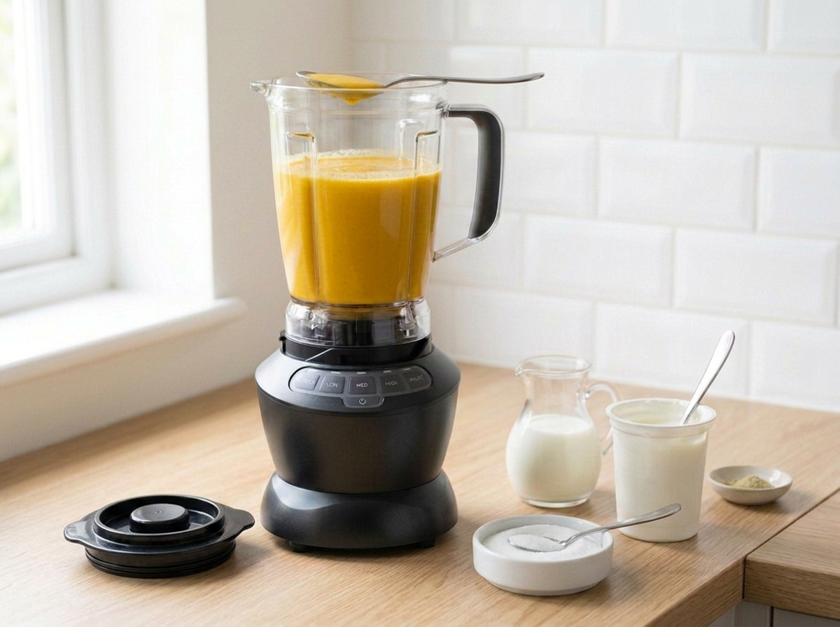 A teaspoon of the blended lassi lifted to taste, with sugar and milk beside to adjust