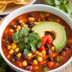 A bowl of vegetarian taco soup with black beans, corn, and tomatoes, garnished with cilantro and avocado, served with tortilla chips.