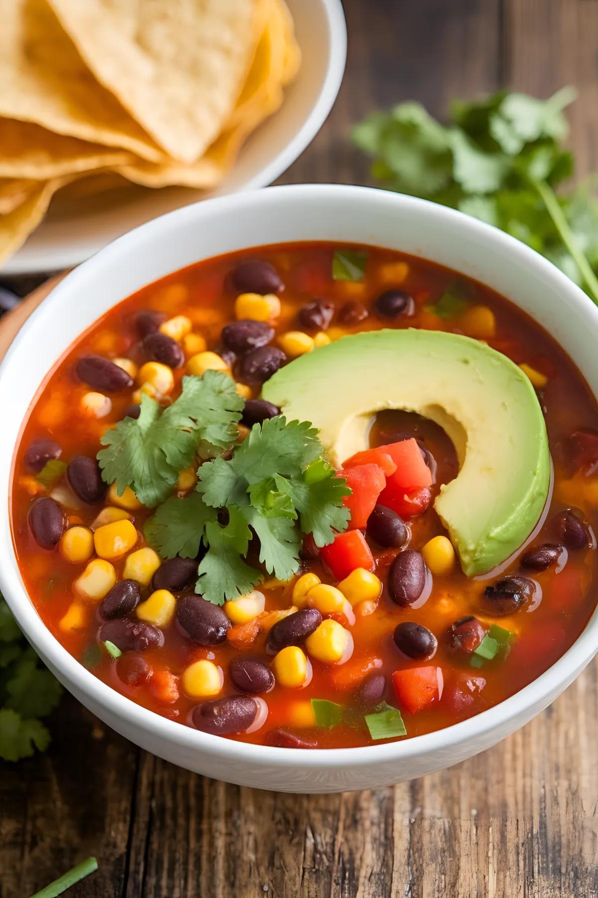 A bowl of vegetarian taco soup with black beans, corn, and tomatoes, garnished with cilantro and avocado, served with tortilla chips.