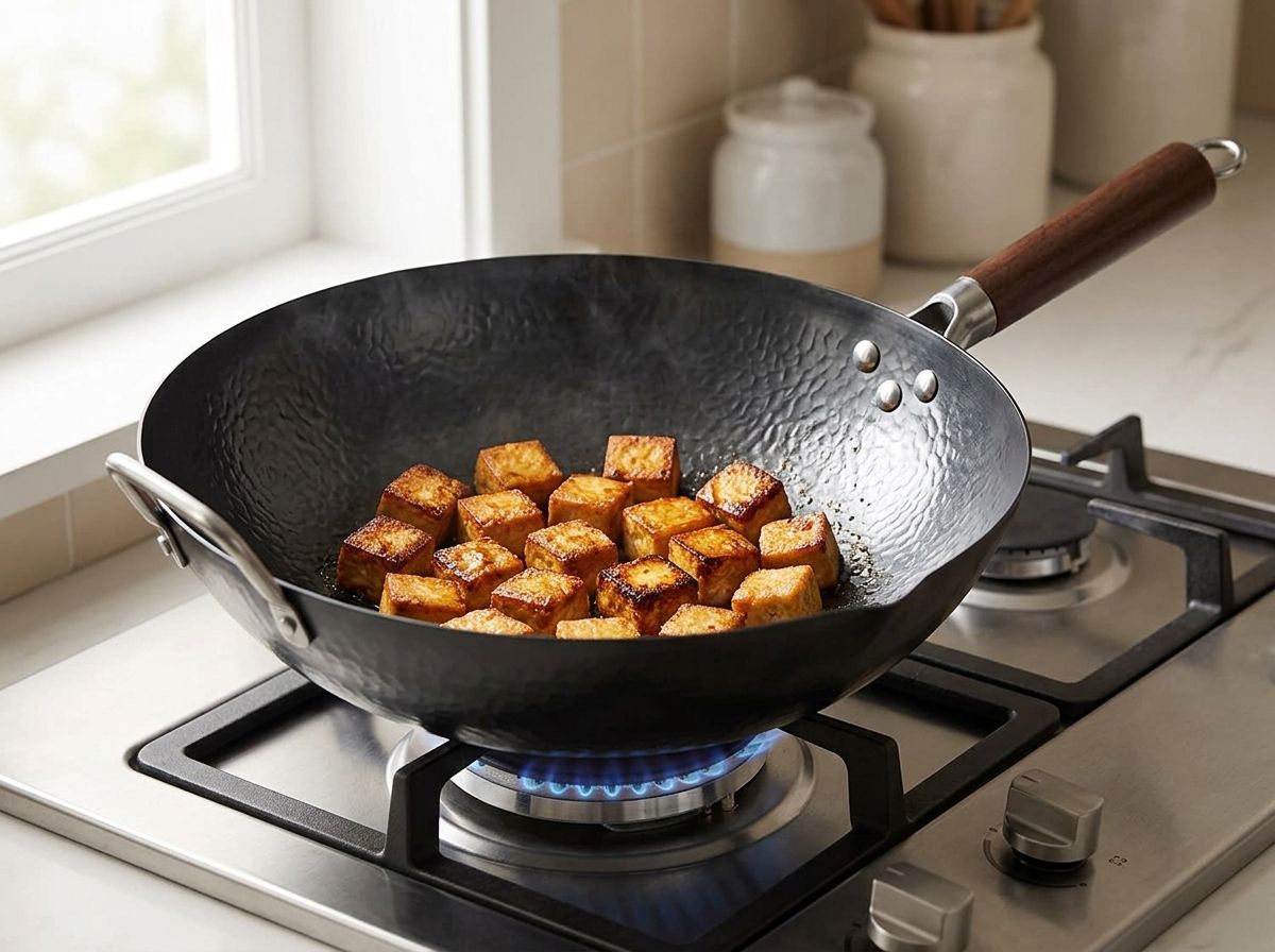 Cubes of tofu frying to a deep golden crust in the wok on the hob