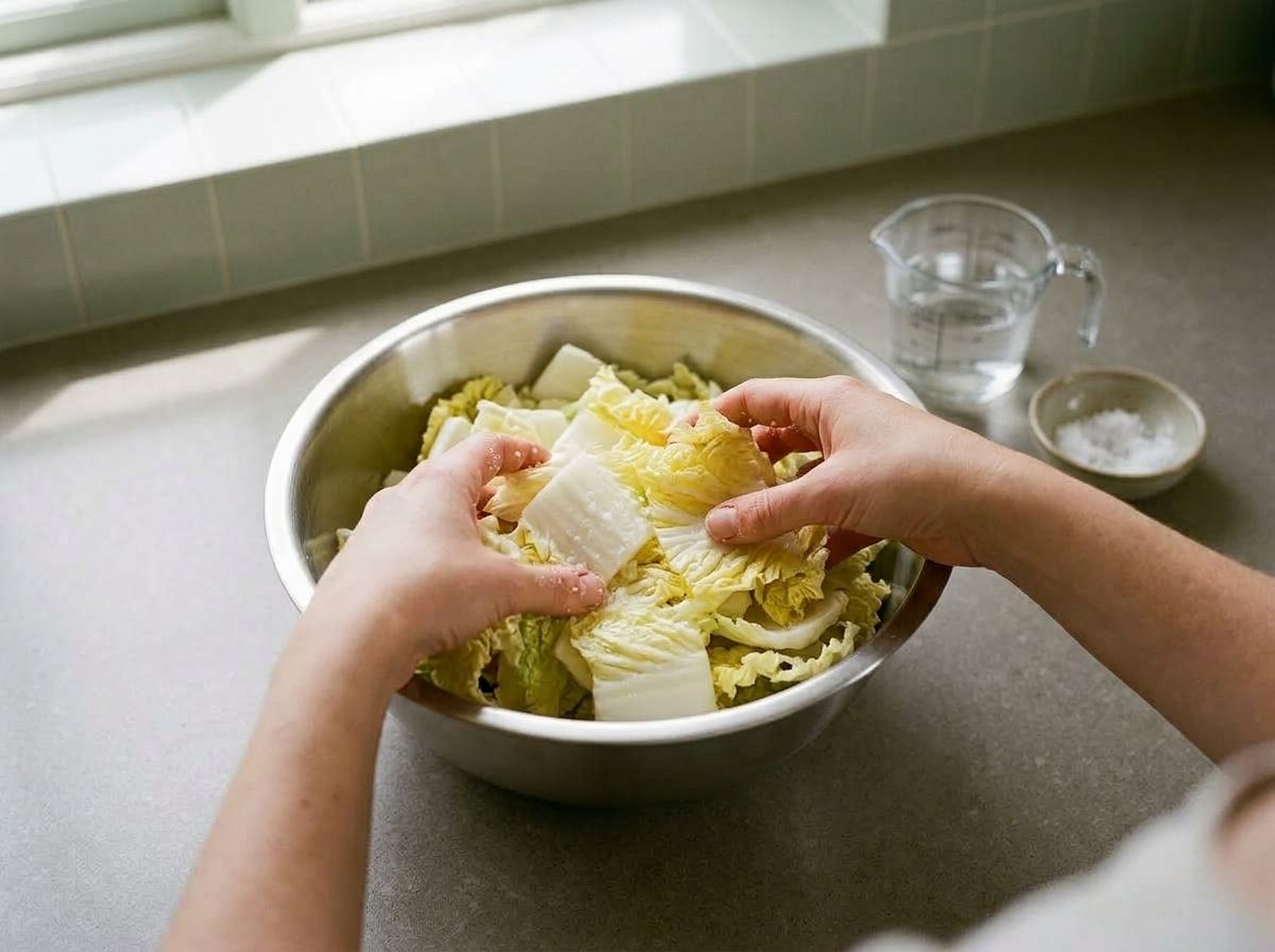 Tossing cut napa cabbage with coarse salt in a large stainless steel bowl