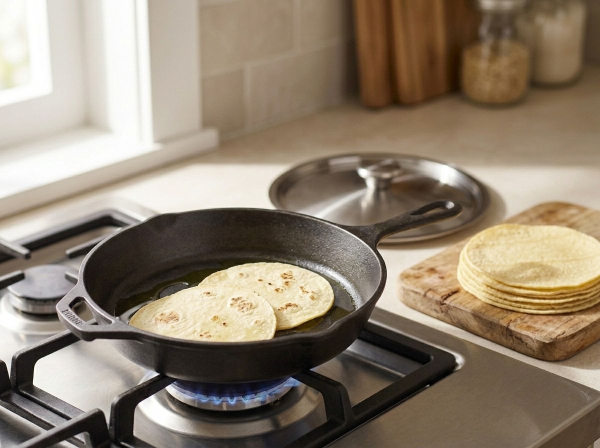 Corn tortillas warming in a skillet until soft enough to roll