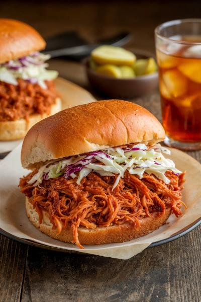 Vegan BBQ jackfruit sandwich with coleslaw and pickles on a bun.