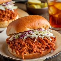 Vegan BBQ jackfruit sandwich with coleslaw and pickles on a bun.