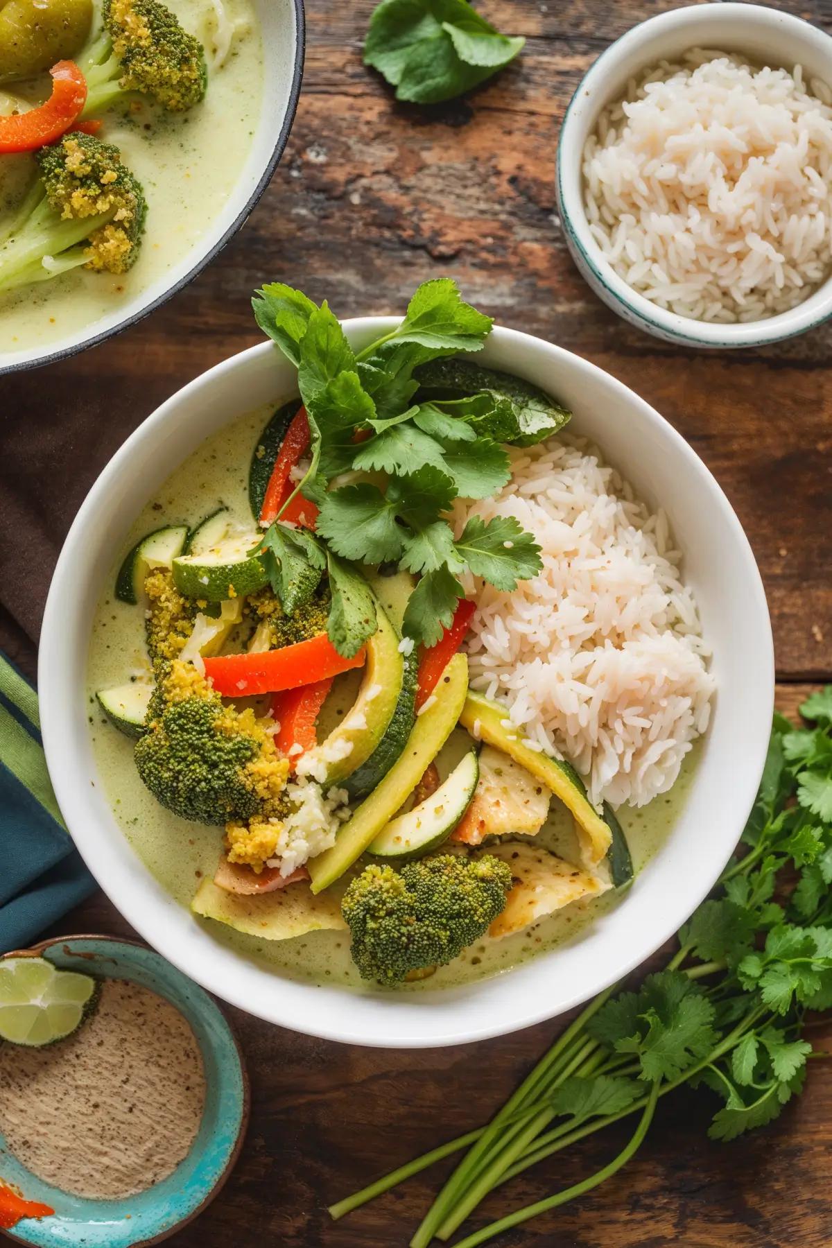 A bowl of vegan Thai green curry with vegetables in coconut milk, garnished with basil and cilantro, alongside jasmine rice.