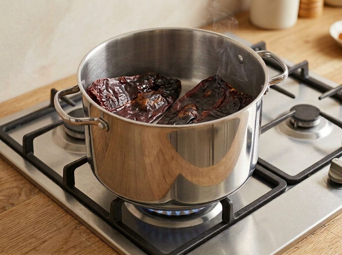 Two dried ancho chiles torn open and toasting flat in a dry stainless steel pot, blistered but not blackened