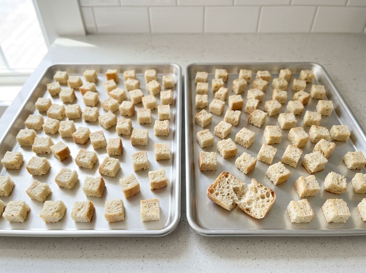 Cubed sourdough spread over two baking sheets, dried out in a low oven until crisp.