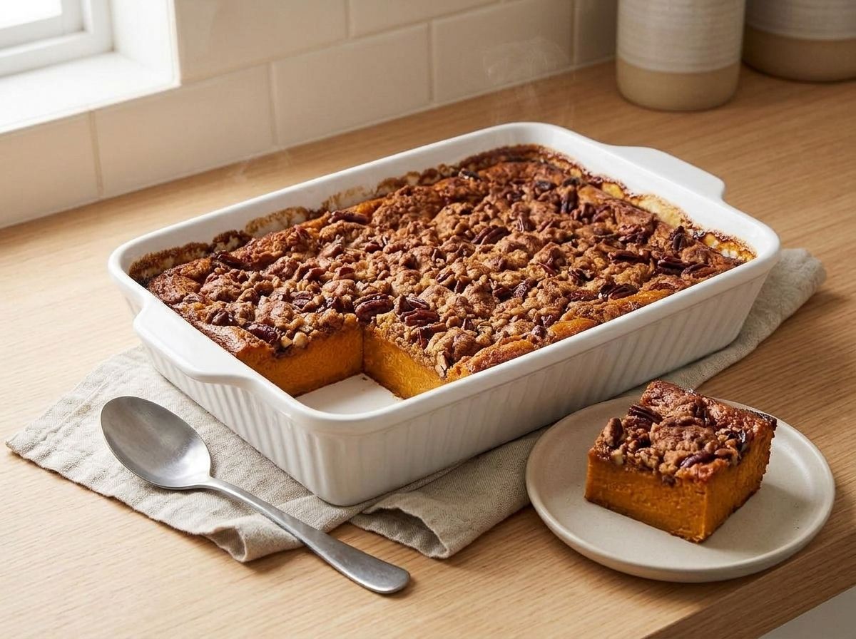 The baked casserole resting, one square lifted onto a plate showing the set orange filling under a golden pecan crust