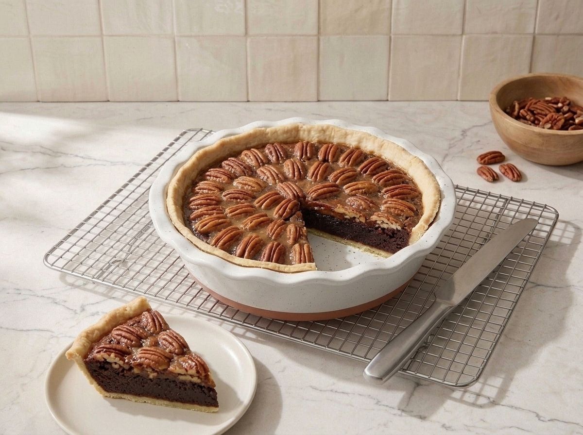 The cooled pie cut open on a wire rack, one slice showing the brownie and pecan layers