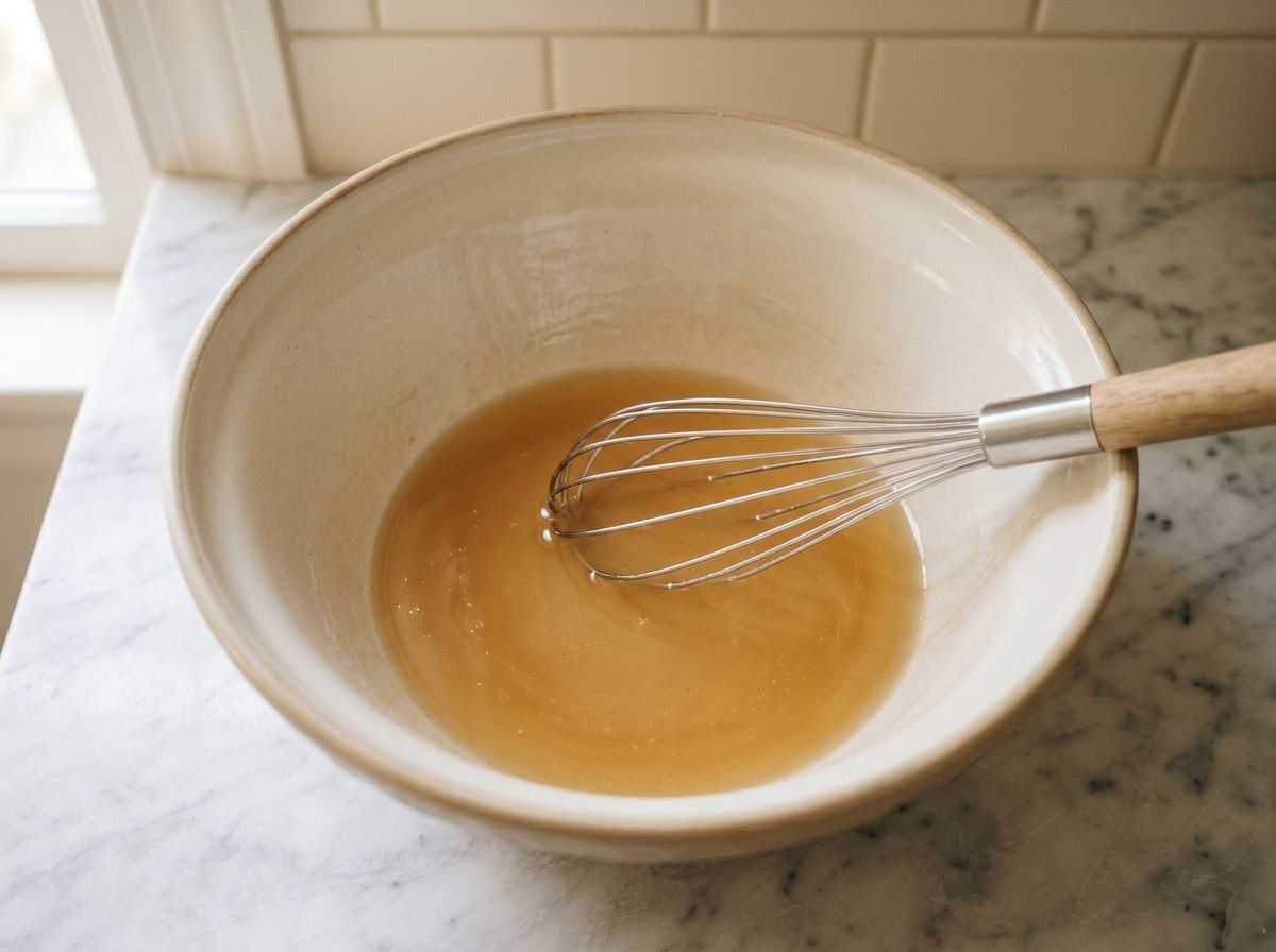 Melted coconut oil, maple syrup and vanilla whisked to a smooth amber mixture