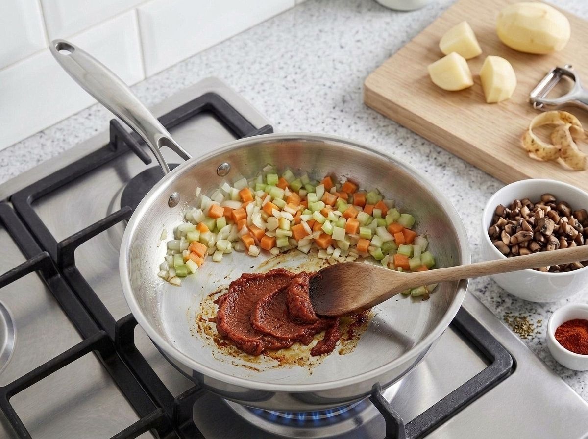 Tomato paste frying to a dark brick red in a cleared patch of the pan, the softened vegetables pushed to one side