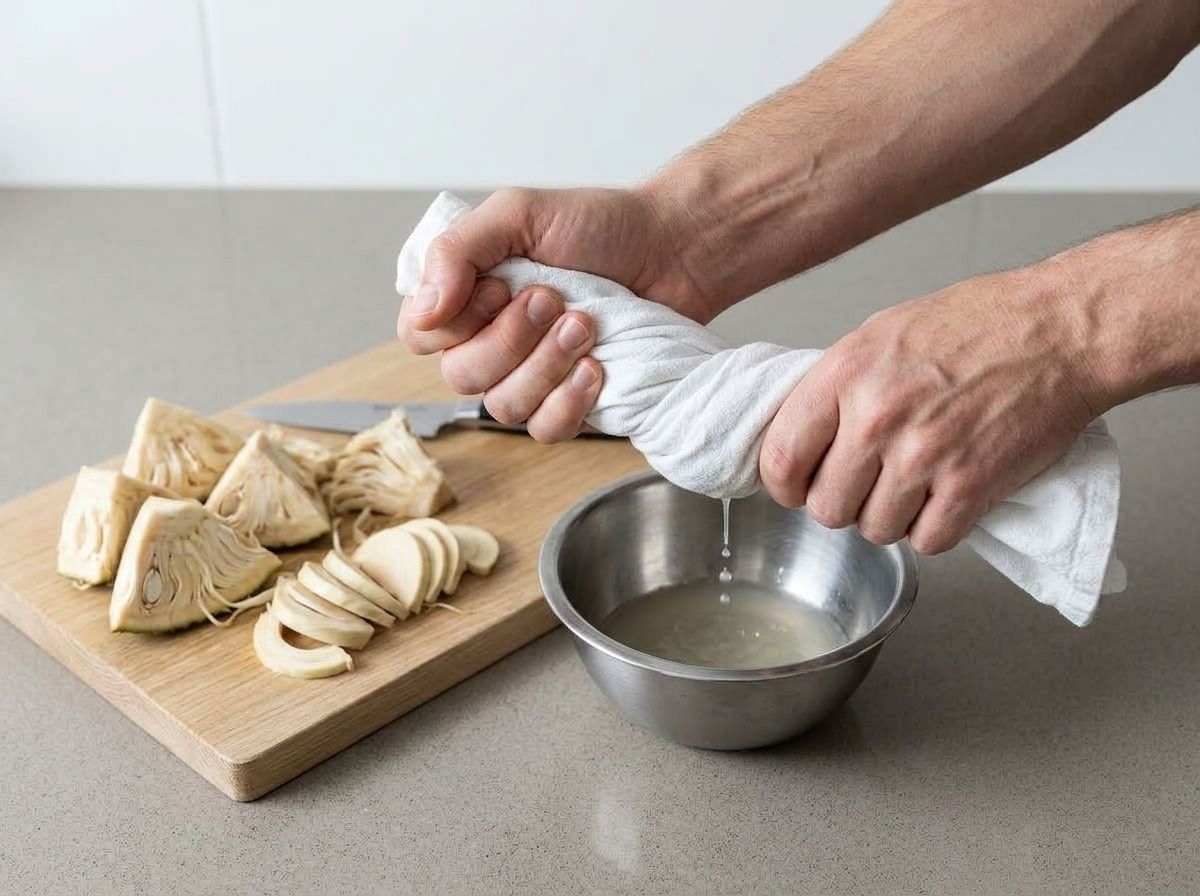 Hands wringing rinsed jackfruit in a kitchen towel over a bowl, with sliced jackfruit cores on a board
