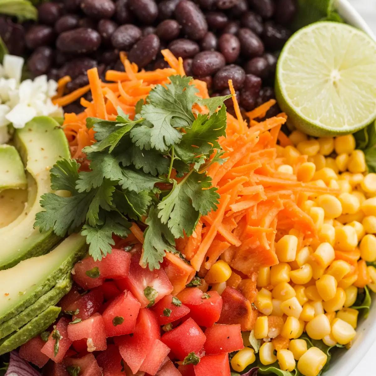 A vibrant vegetarian taco salad with lettuce, black beans, corn, tomatoes, and avocado, garnished with cheese and cilantro.