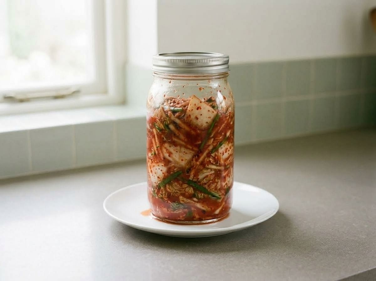 The packed jar of kimchi fermenting on a plate, bubbles showing through the glass