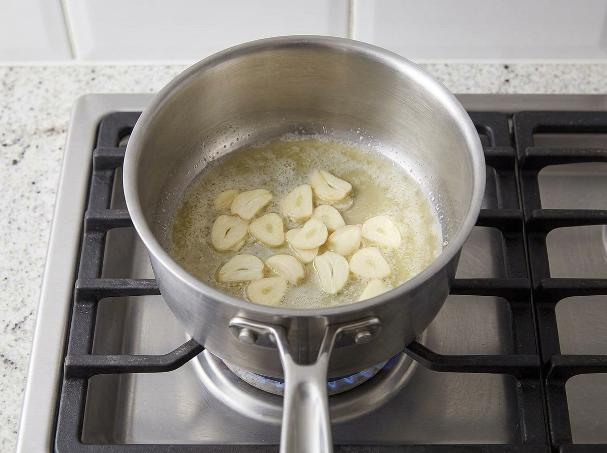 Thin slices of garlic warming gently in melted butter, still pale and not browned