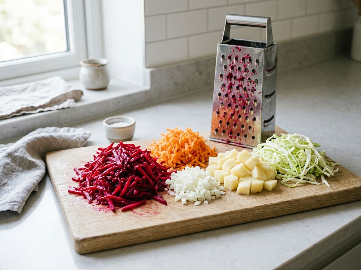 Grated beets, grated carrot, chopped onion, diced potato and shredded cabbage prepped in separate piles on a board