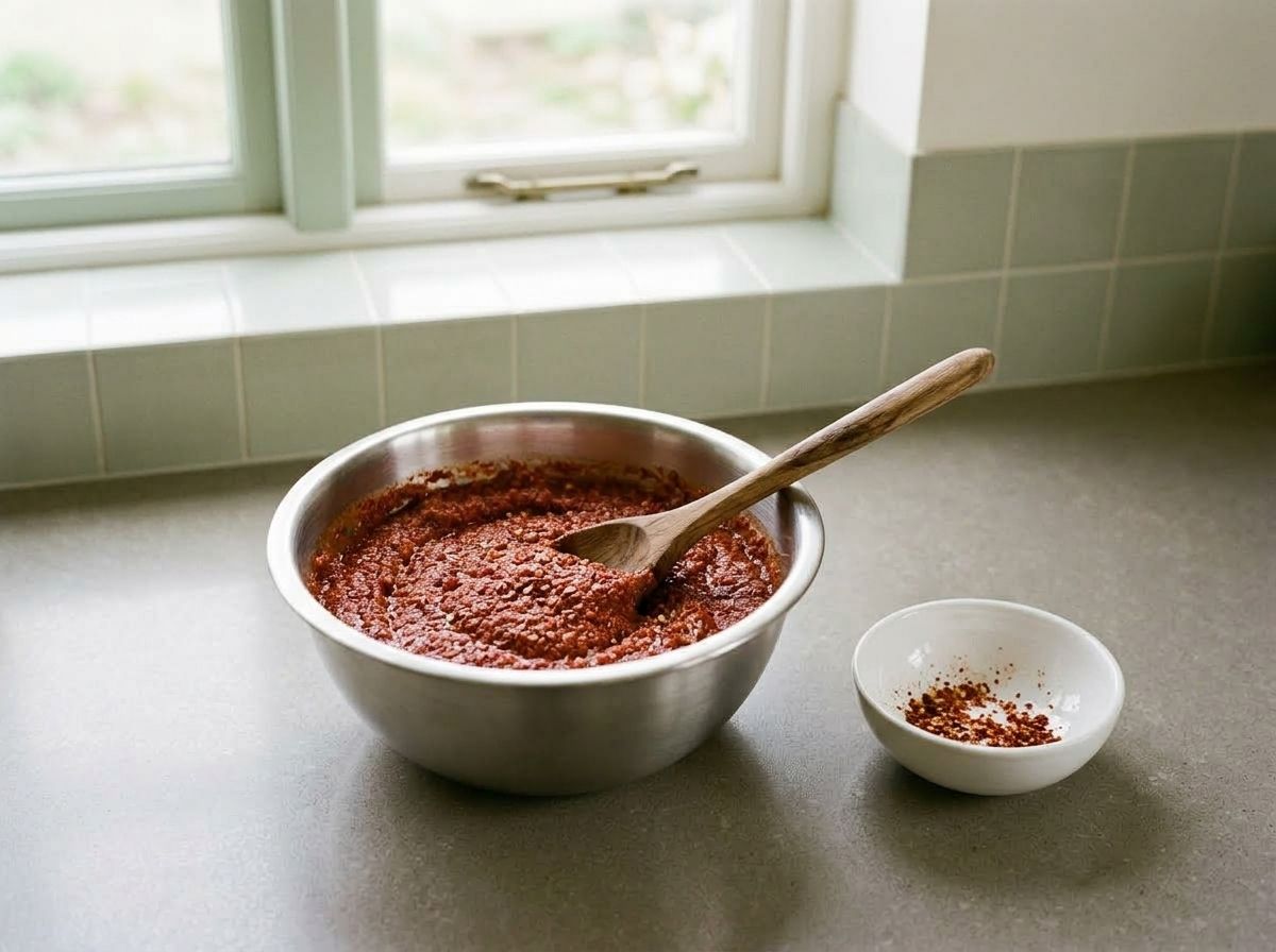 Gochugaru stirred into the blended base, now a thick brick-red kimchi paste